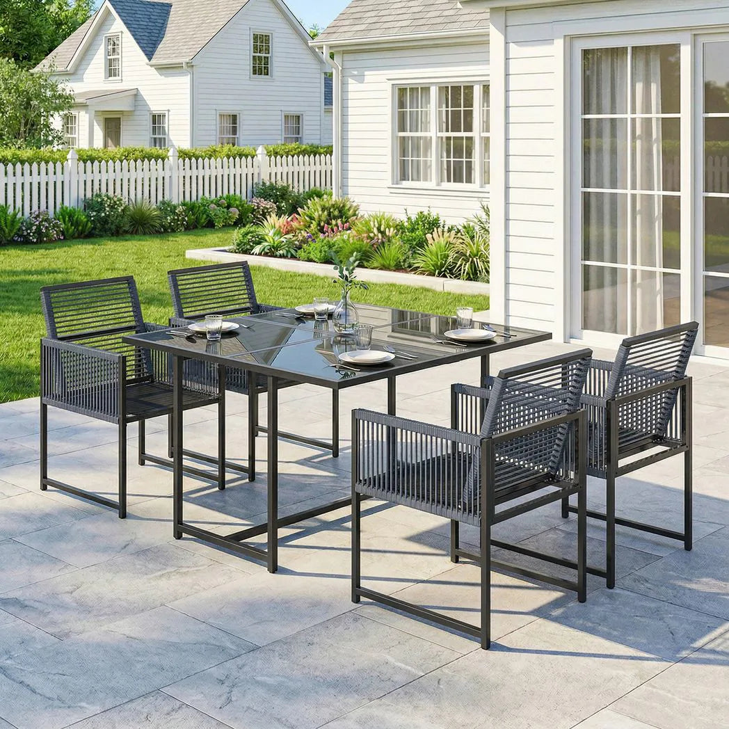 Outsunny 5 Piece Garden Dining Set for 4 with Glass-Top Table and Foldable Backrest Chairs – Outdoor Patio Cube Set, Dark Grey