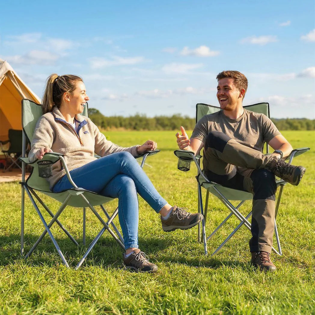 Outsunny Folding Camping Chairs Set of 2 with Cup Holders & Carry Bag – Portable Outdoor Camp Chairs, Green