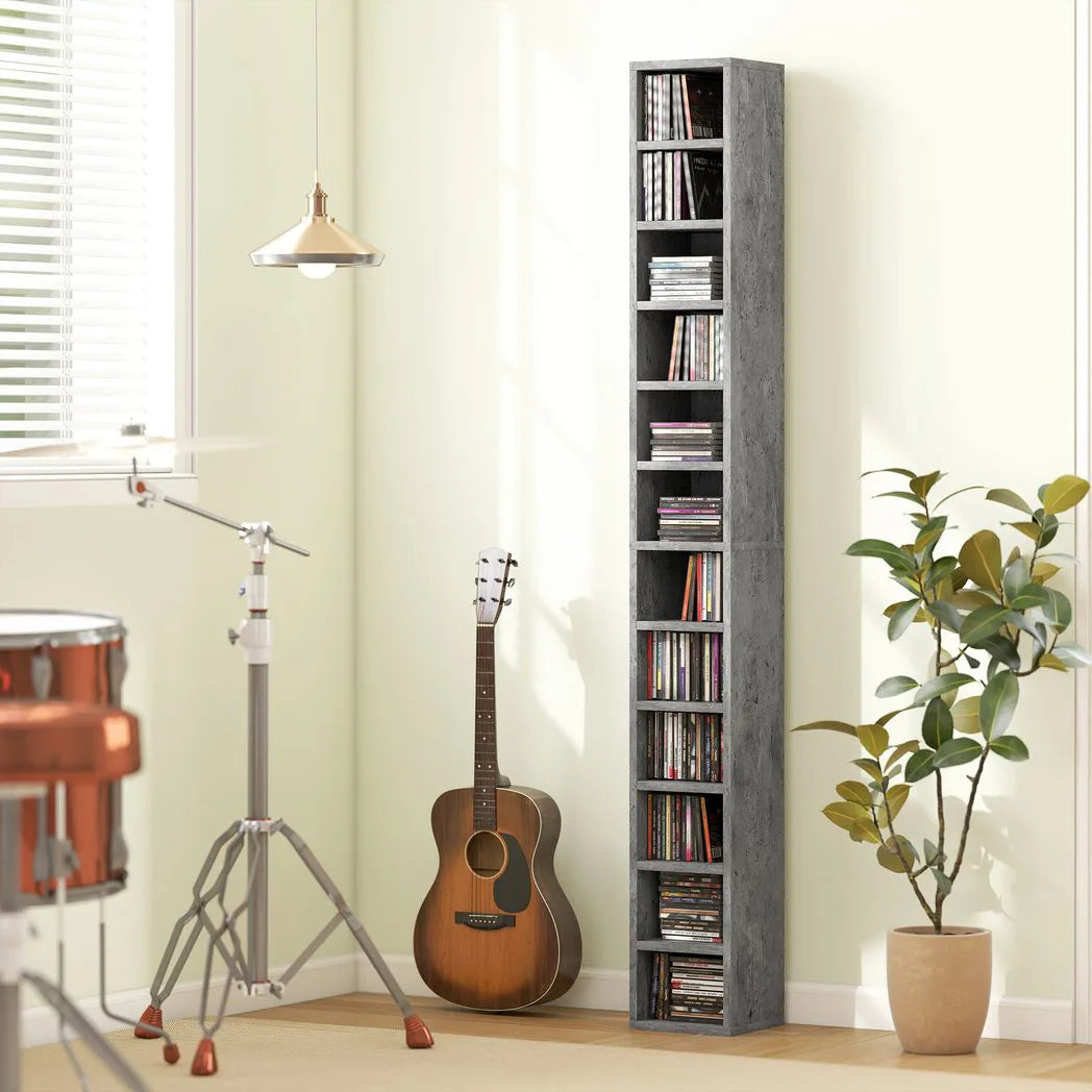 HOMCOM 204 CD Tall Narrow Media Storage Tower – 12-Tier Cube Display Shelf, Cement Grey