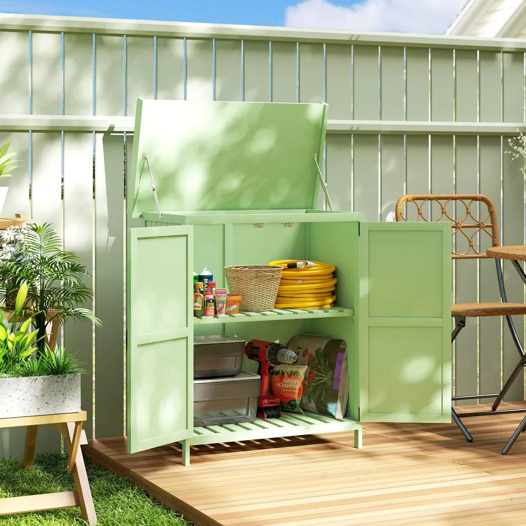 Outsunny Wooden Garden Tool Storage Cabinet with Hinged Roof, Double Doors and 2 Shelves – Light Green