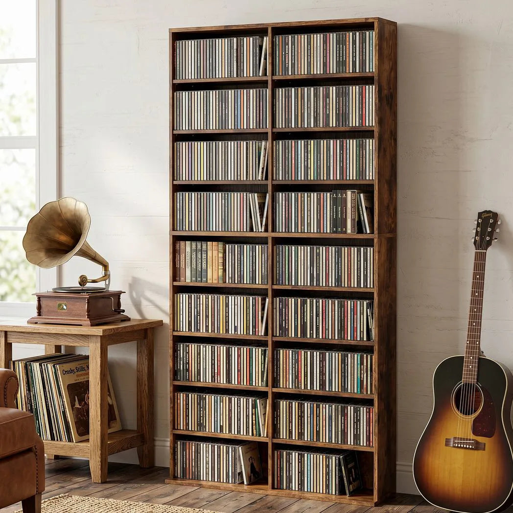 HOMCOM CD Storage Tower for 640 CDs or 360 DVDs with 14 Adjustable Shelves – Tall Narrow Media Rack, Rustic Brown