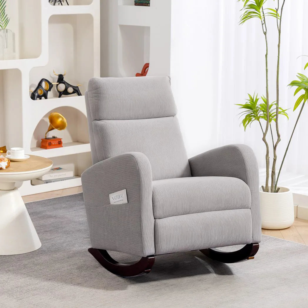HOMCOM Corduroy Rocking Armchair with Thick Padding and Side Pockets – Relaxing Living Room Chair, Grey