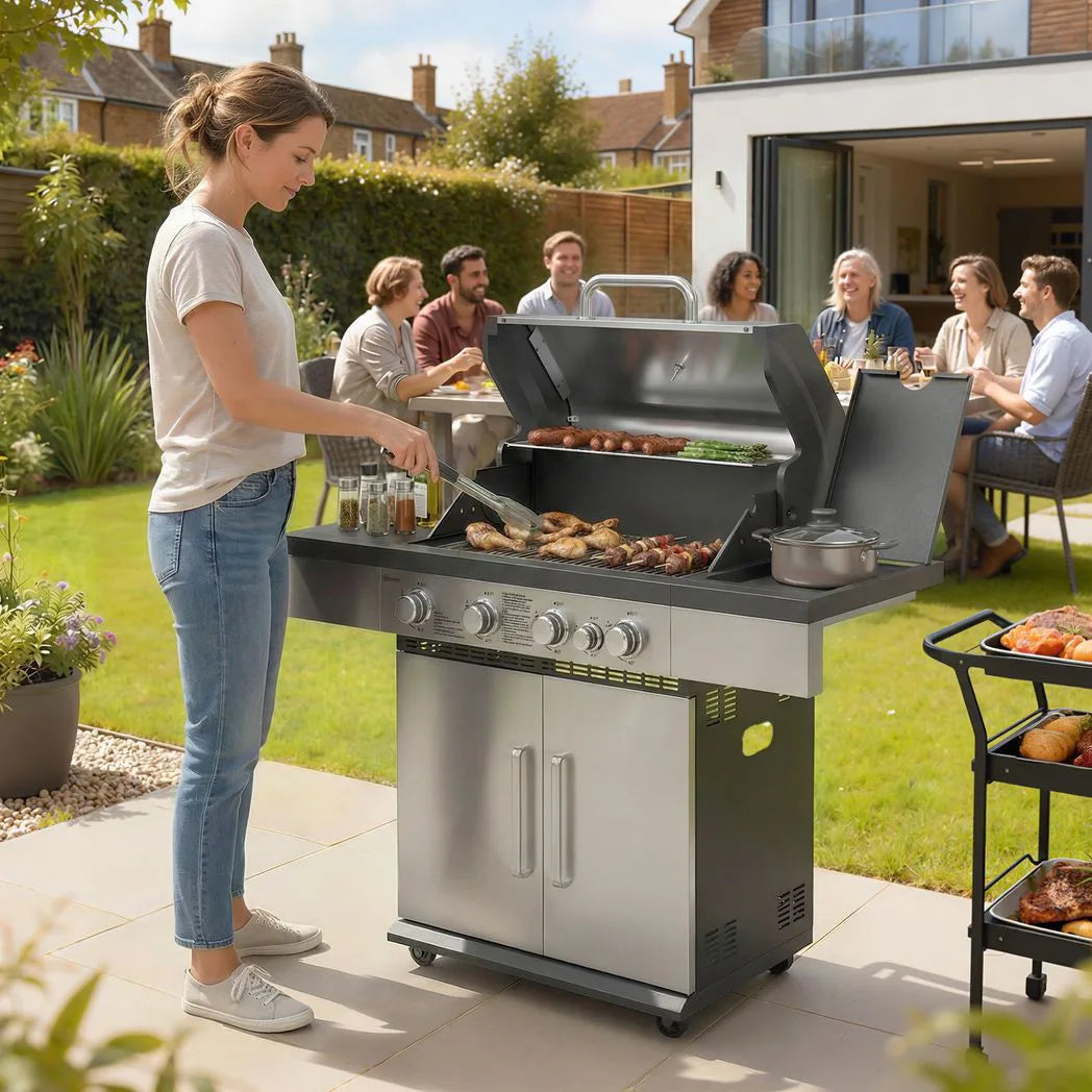 Outsunny 4 Burner Gas BBQ Grill with Side Burner, Warming Rack, Side Shelf & Storage Cabinet – Portable Propane Barbecue