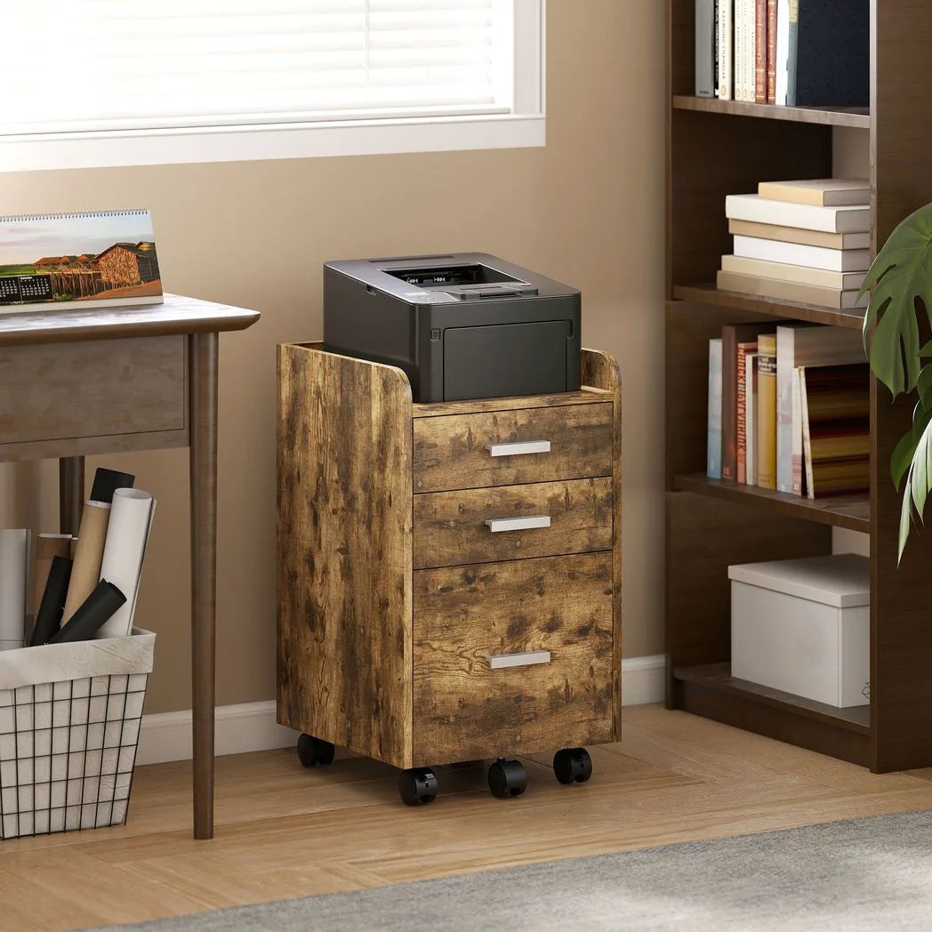 HOMCOM 3 Drawer Rolling Filing Cabinet for A4 and Letter Hanging Files – Under-Desk Storage, Rustic Brown