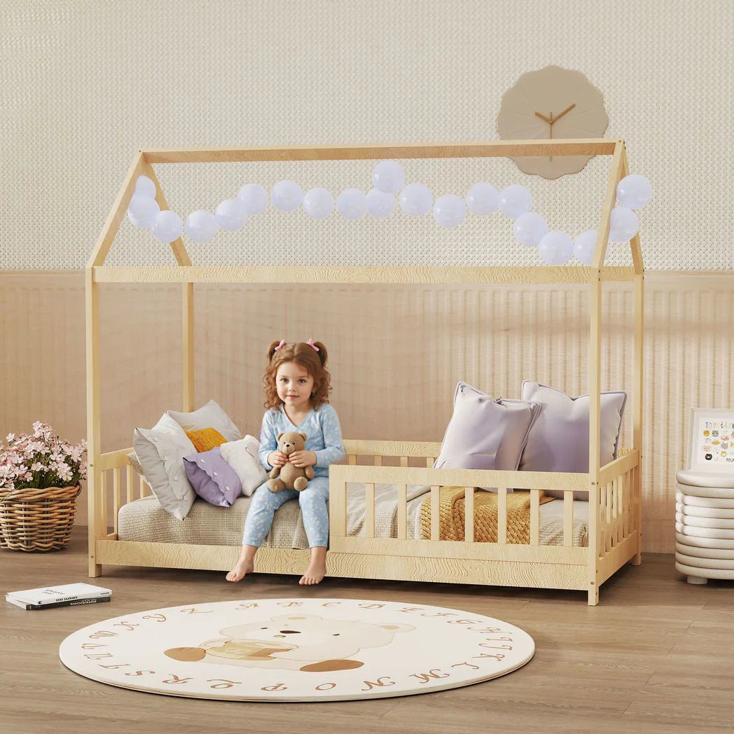HOMCOM House-Shaped Kids Single Bed Frame with Guard Rails – Solid Pine, Natural Wood