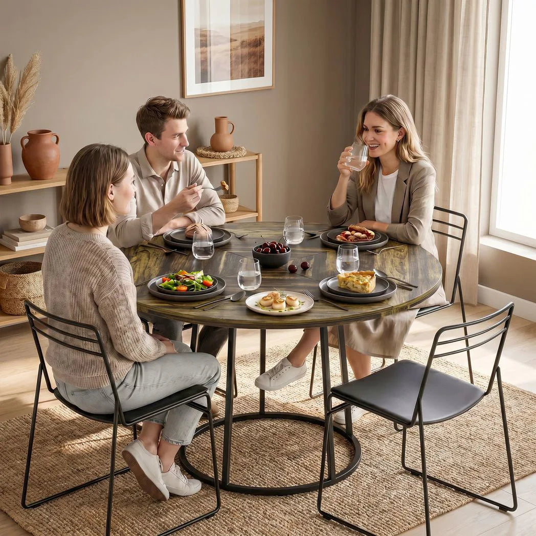 HOMCOM 120cm Round Dining Table with Conical Metal Base – Space-Saving Kitchen Table for 4-6, Rustic Brown