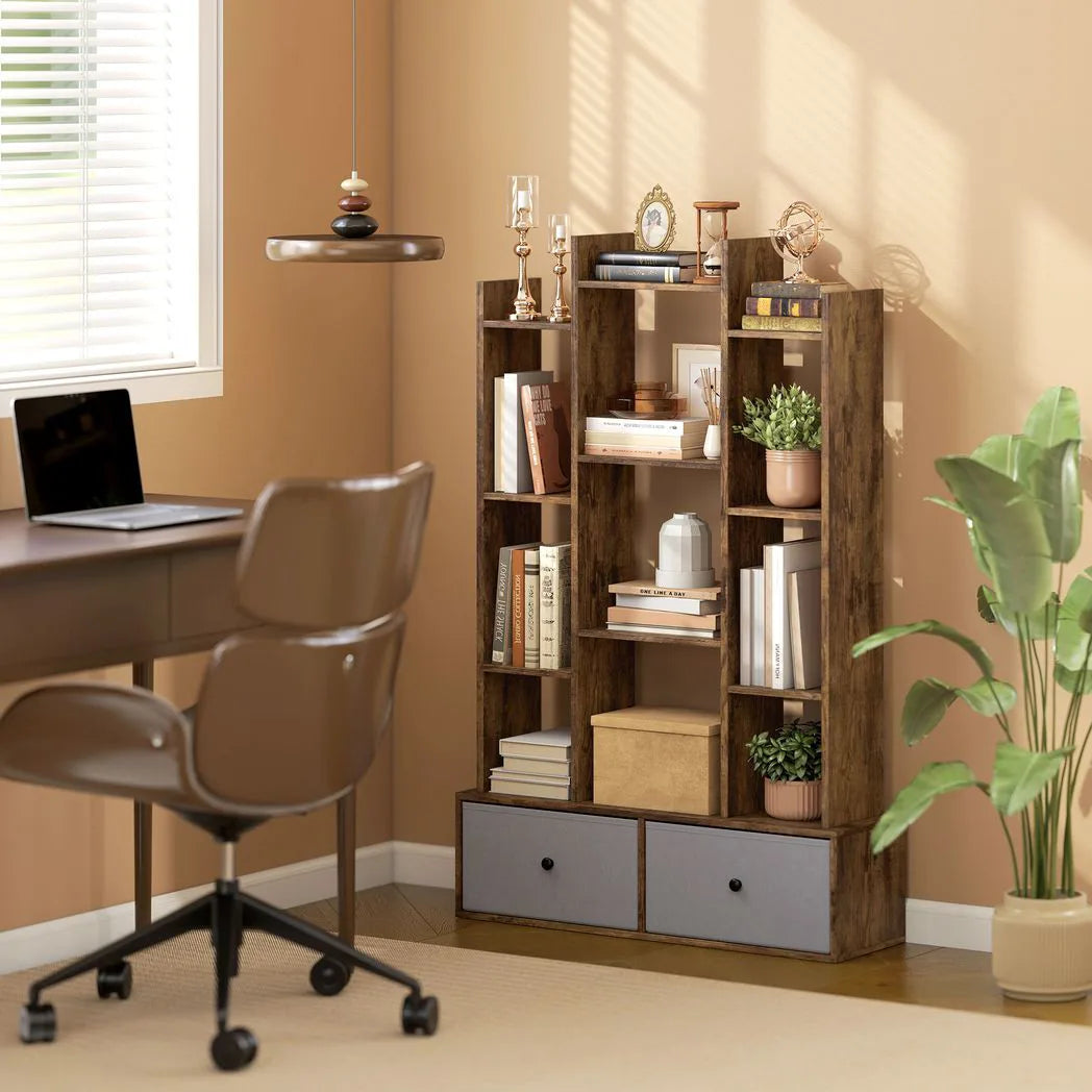 HOMCOM 12 Cube Storage Unit with 2 Removable Fabric Drawers – Geometric Bookcase & Display Shelf, Brown