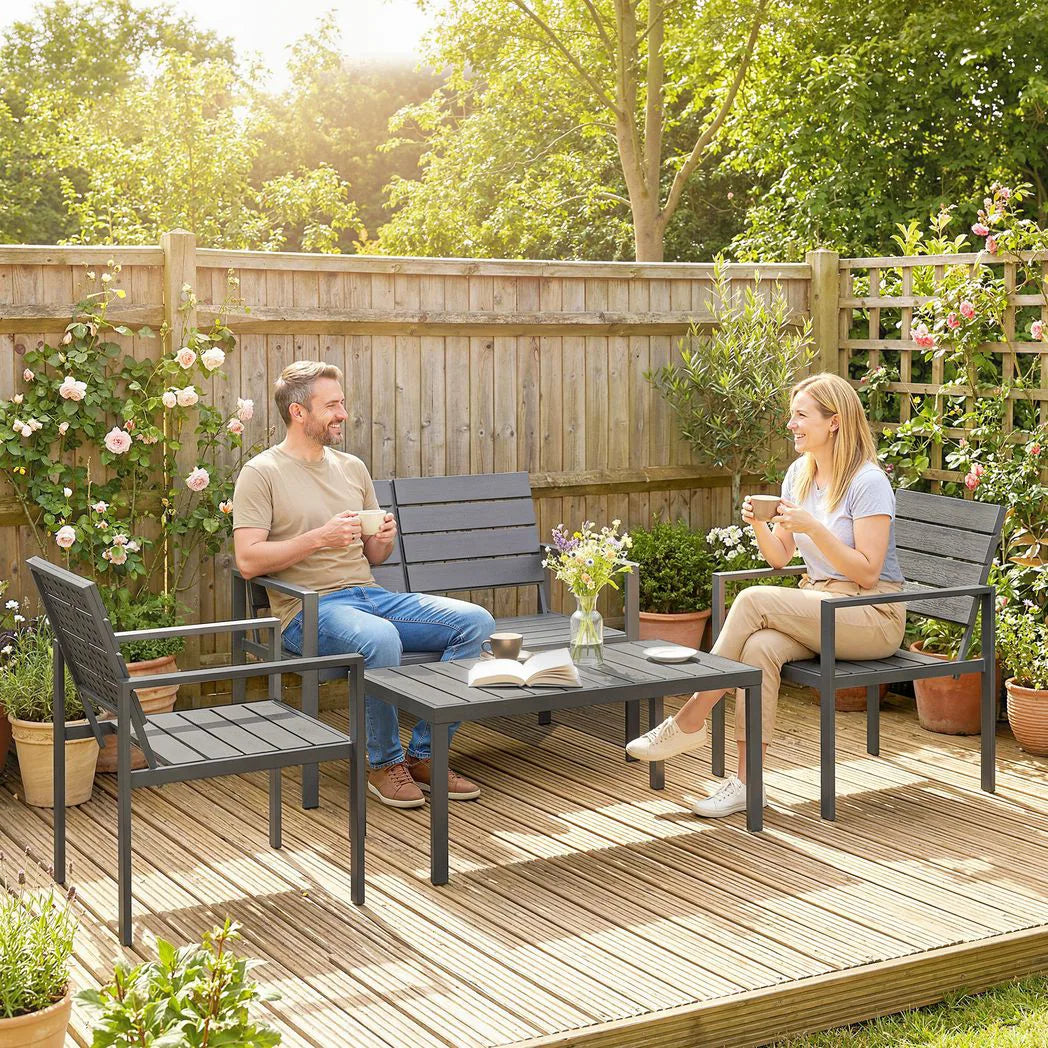 Outsunny 4 Piece HDPE Garden Furniture Set with Loveseat, 2 Armchairs and Coffee Table – Dark Grey