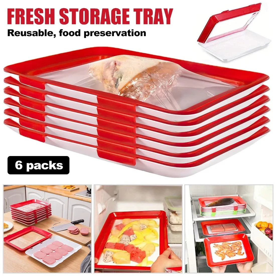 Stackable Reusable Food Storage Trays with Buckle Closure and Vacuum Seal, 4/6 Piece Set – Fridge Organiser