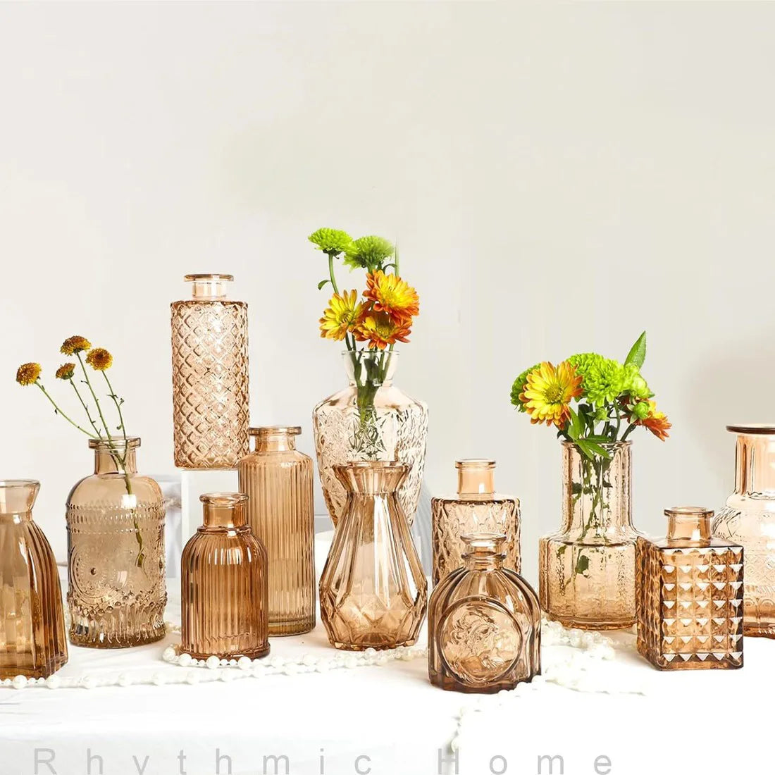 Glass Bud Vases, Set of 12, Small Vintage Embossed Vases for Table Centrepieces, Green