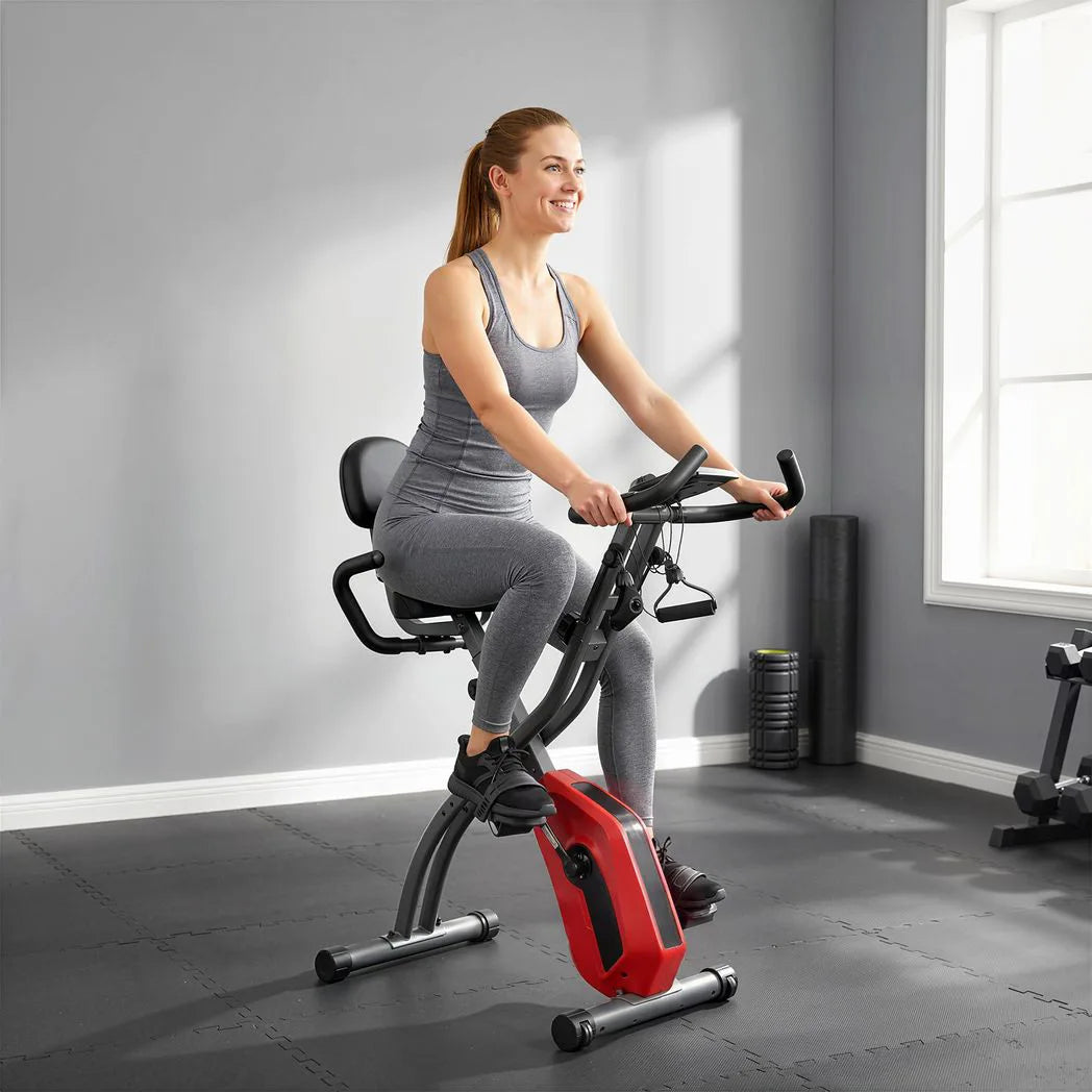 SPORTNOW 4-in-1 Folding Exercise Bike with Resistance Bands, 8-Level Magnetic Resistance & Bluetooth App, Red