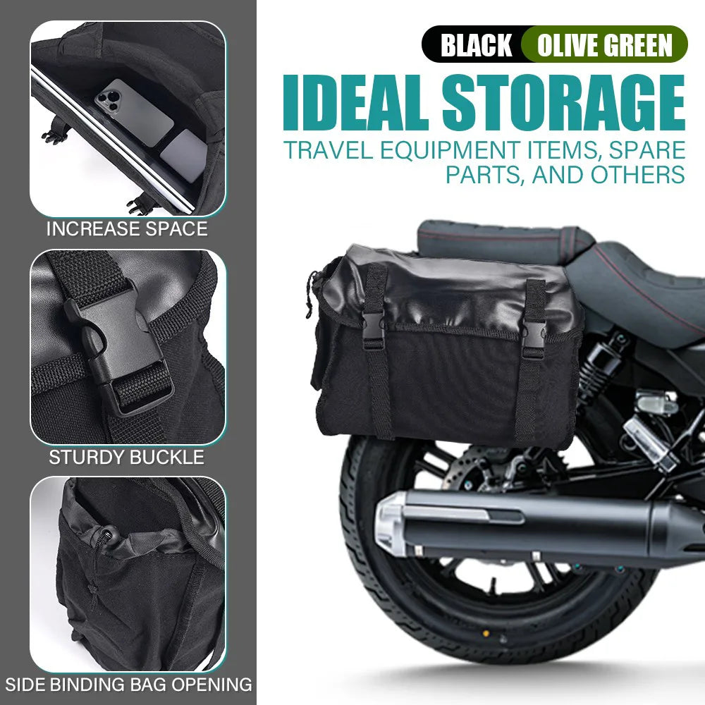 26L Motorcycle Saddle Bag with Two Side Pockets – Waterproof Canvas & PU Leather Panniers, Black