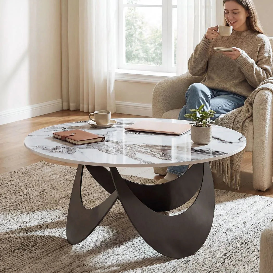 HOMCOM Round Coffee Table with Sintered Stone Top and Adjustable Foot Pads – Living Room, White and Black