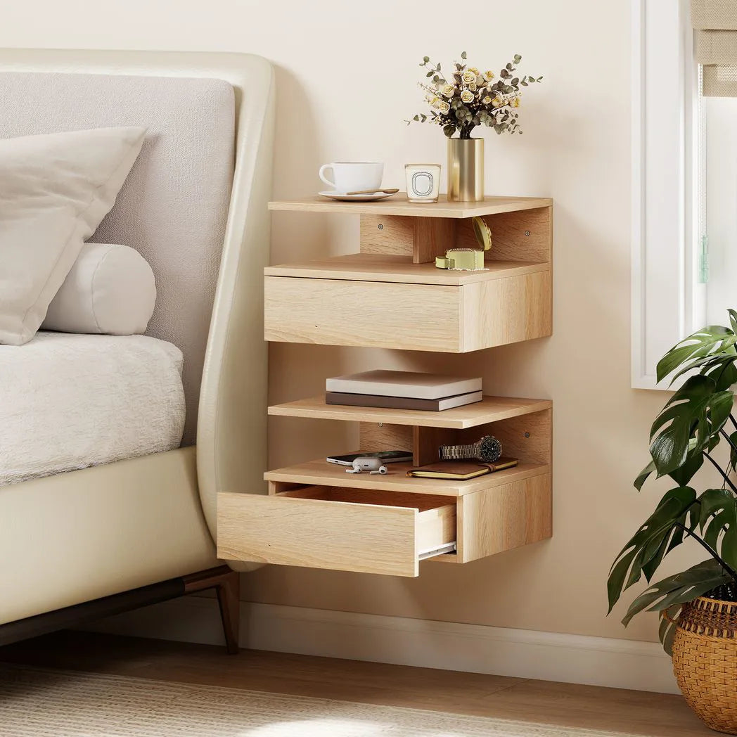 HOMCOM Set of Two Floating Bedside Tables with Handle-Free Drawer & Open Shelf – Wall-Mounted Nightstands, Oak