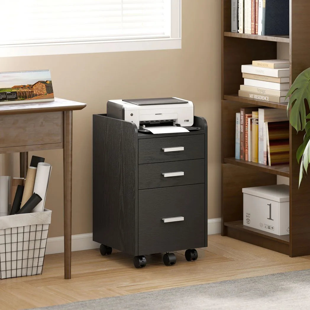 HOMCOM 3 Drawer Rolling Filing Cabinet with Printer Top – Under-Desk A4 Hanging Folder Storage, Black