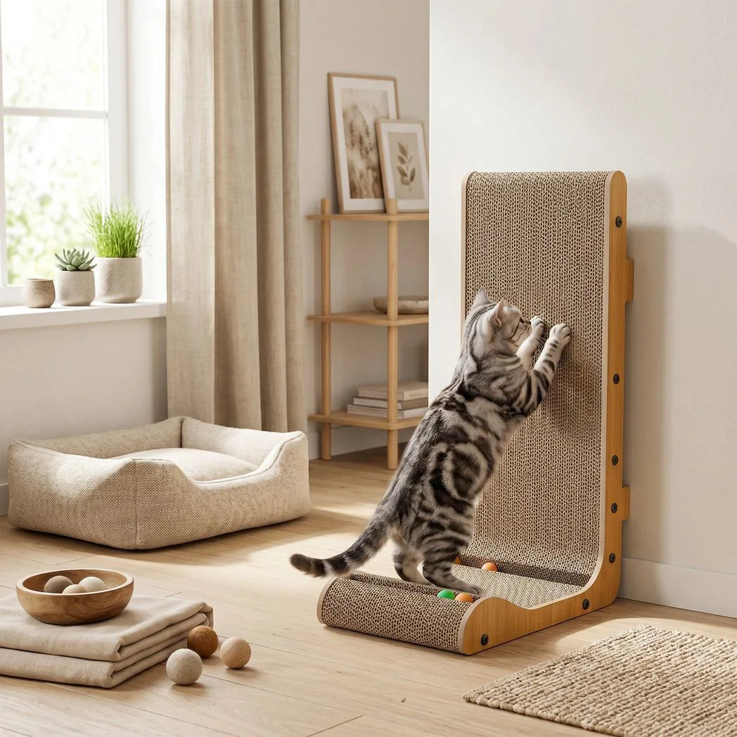 PawHut Wall-Leaning Cat Scratching Board with Corrugated Paper, 3 Toy Balls and Catnip, 39 x 23.5 x 57.5 cm, Brown