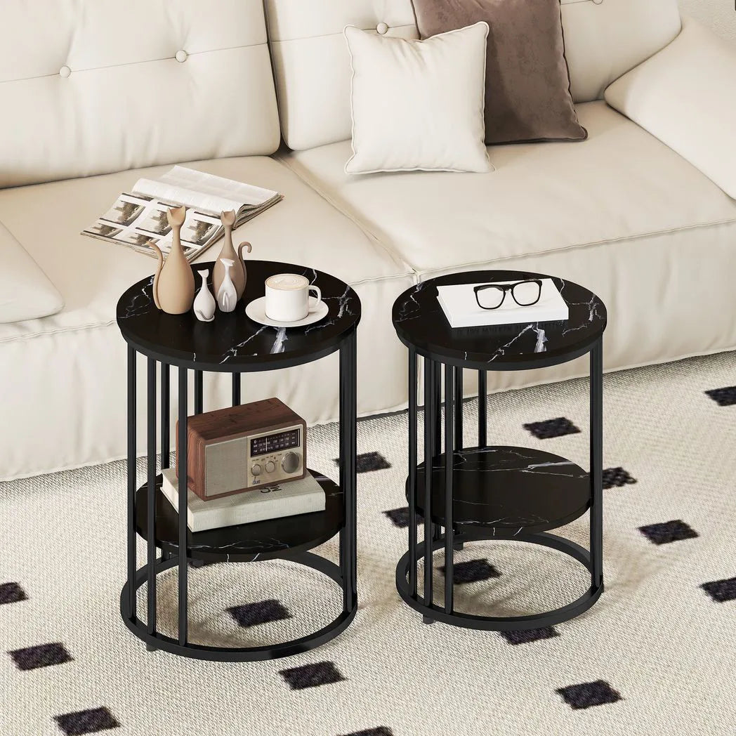 HOMCOM Set of 2 Round Marble-Effect Coffee Tables with Black Steel Legs and Bottom Shelf – Two-Tier