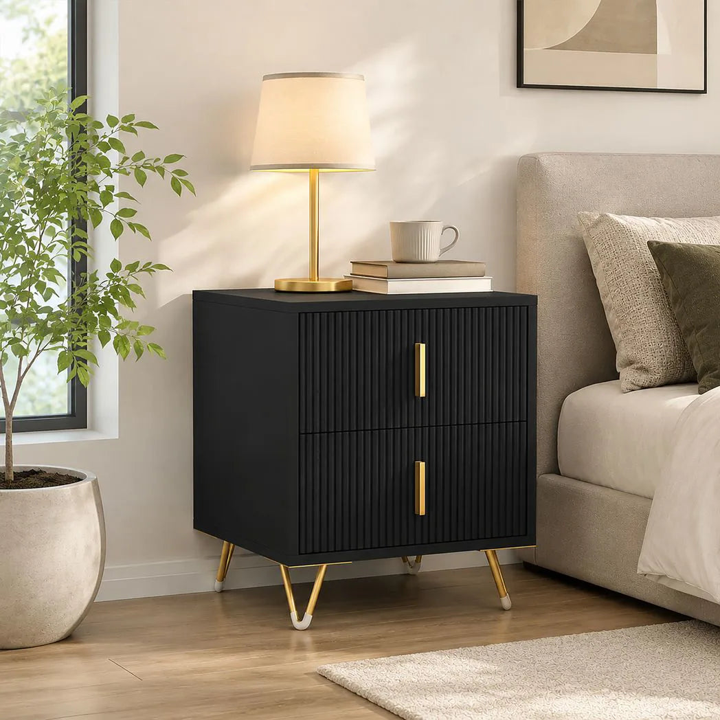 HOMCOM Fluted Bedside Table with 2 Drawers and Gold-Tone Handles, Compact Nightstand with Hairpin Legs – Black