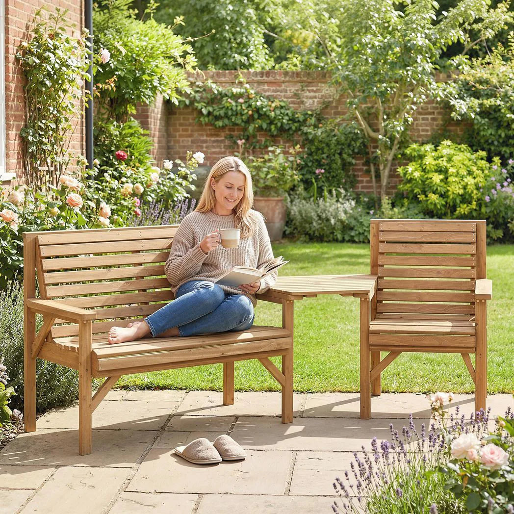Outsunny 3-Piece Wooden Garden Furniture Set – Armchair, 2-Seater Bench and Detachable Table, Natural Wood