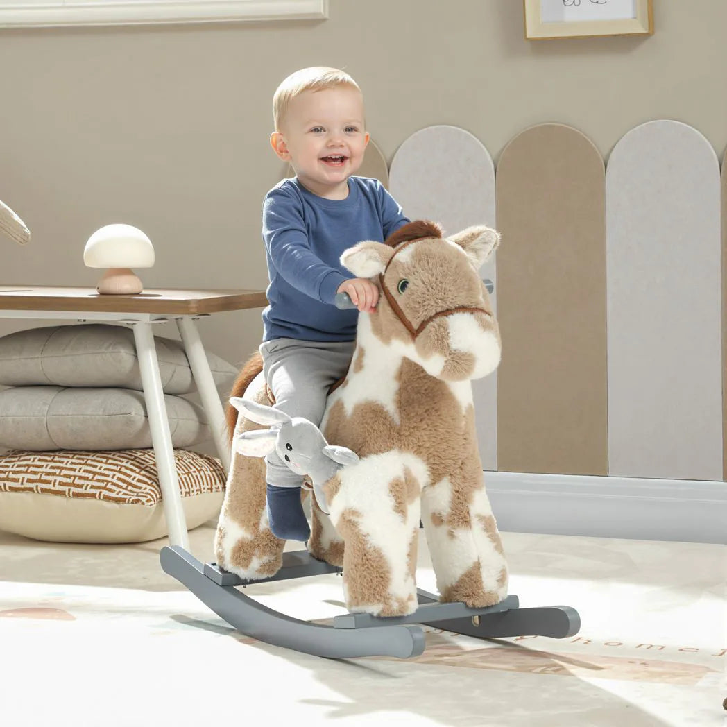 AIYAPLAY Baby Rocking Horse with Realistic Sounds & Bunny Toy – Plush Ride-On Animal Rocker for Ages 2-5, Brown