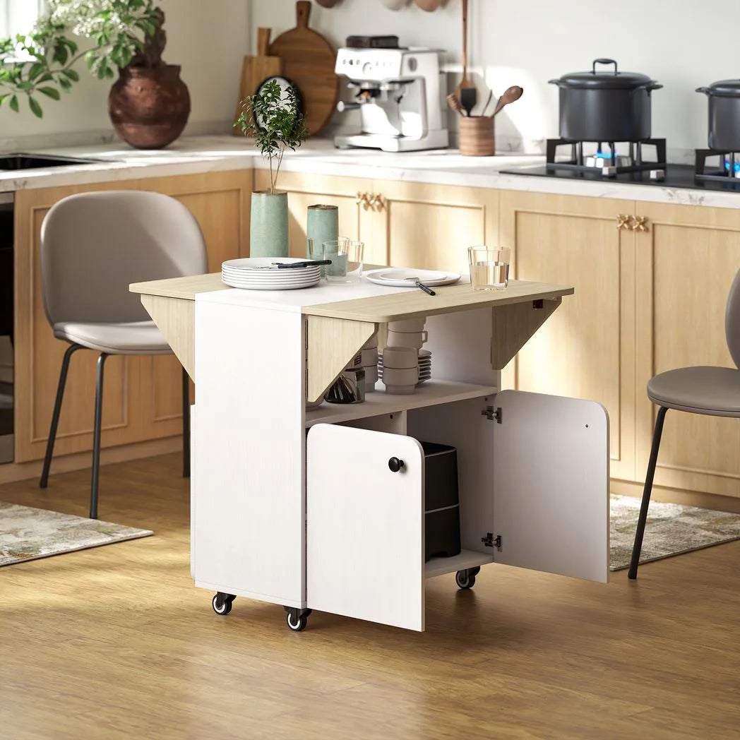 HOMCOM Folding Dining Table with Hidden Shelf & Cabinet, Rolling Drop Leaf – Space-Saving, White