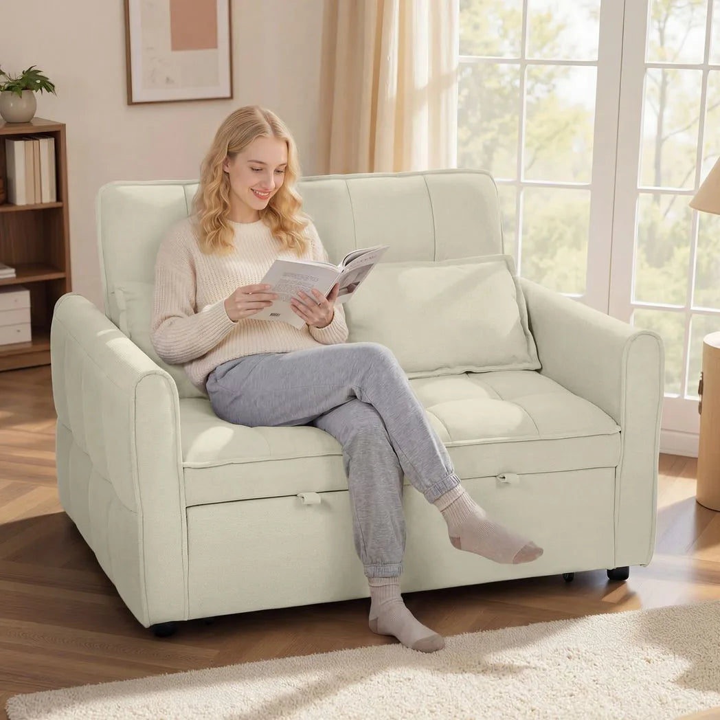 HOMCOM 2 Seater Sofa Bed with Click-Clack Backrest and 2 Pillows – 3-in-1 Convertible Sleeper Sofa, Light Brown