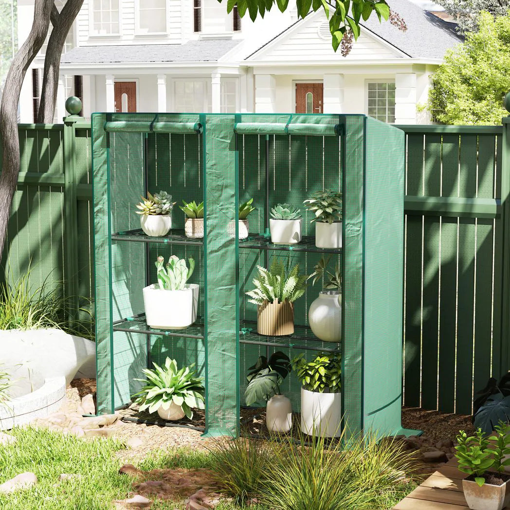 Outsunny Three-Tier Mini Greenhouse with Roll-Up Zipped Doors and 140 gsm PE Cover, Steel Frame – Green