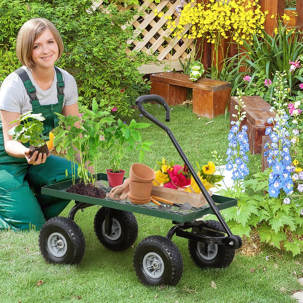 Outsunny Heavy Duty Garden Trolley Cart with 10" Pneumatic Wheels & Foam Handle – 150 kg Capacity, Green