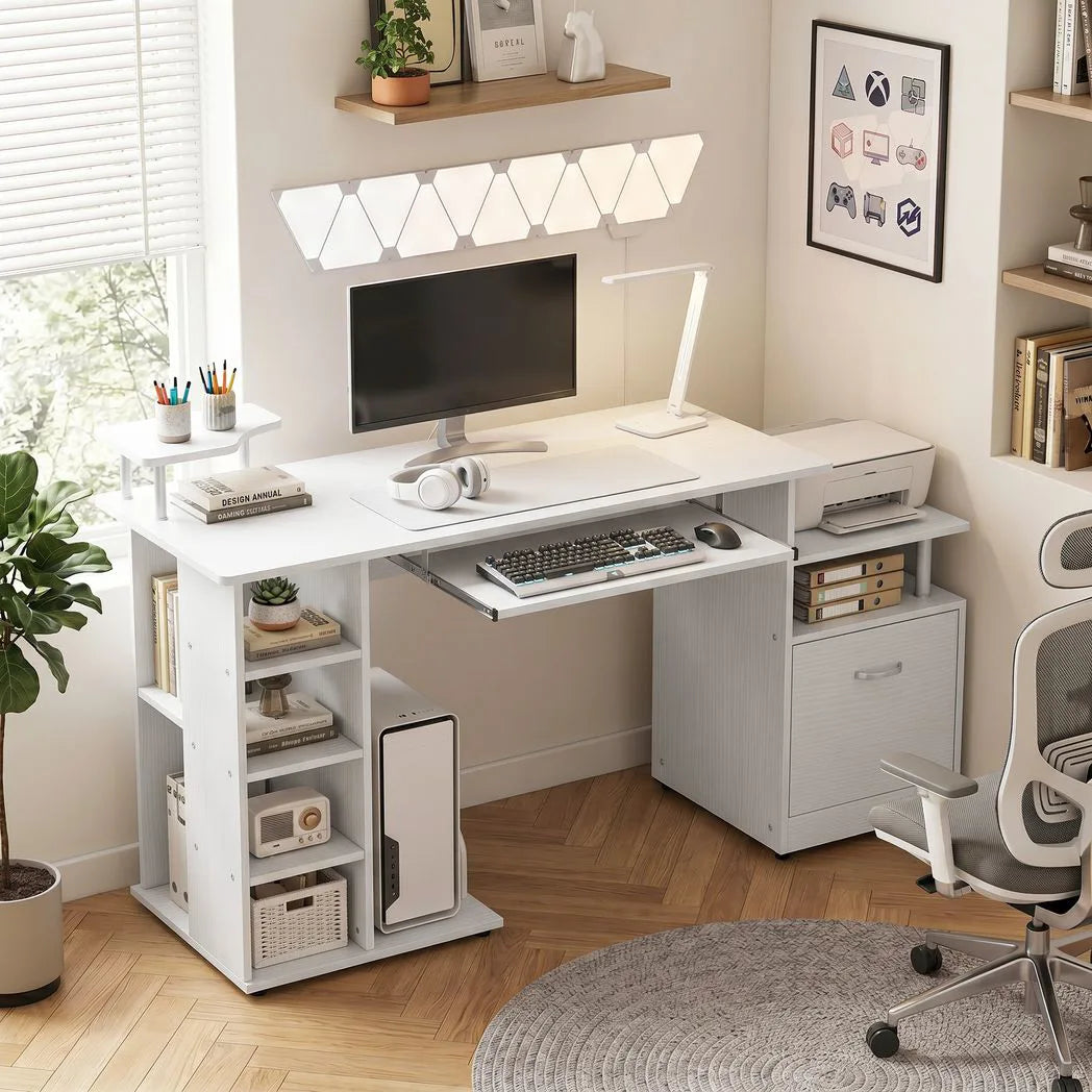 HOMCOM Computer Desk with Drawer, 4-Tier Shelves and Keyboard Tray – CPU Stand Home Office Desk, White