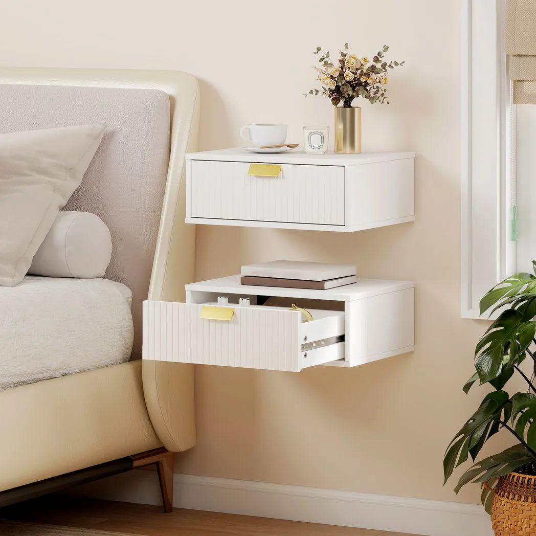 HOMCOM Floating Bedside Tables, Set of 2 Wall Mounted Nightstands with Wave Drawer, White