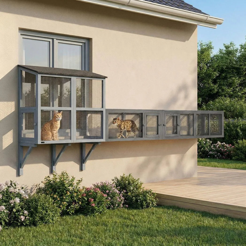 PawHut 250cm Extra Long Wooden Cat Tunnel with 8 Doors – L-Shape or Rectangle Outdoor Cat Enclosure, Dark Grey