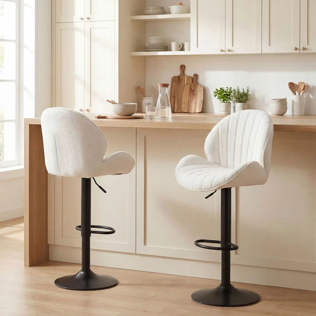 HOMCOM Set of 2 Swivel Bar Stools with Back, Adjustable Height and Footrest – Chenille Kitchen Stools, Cream