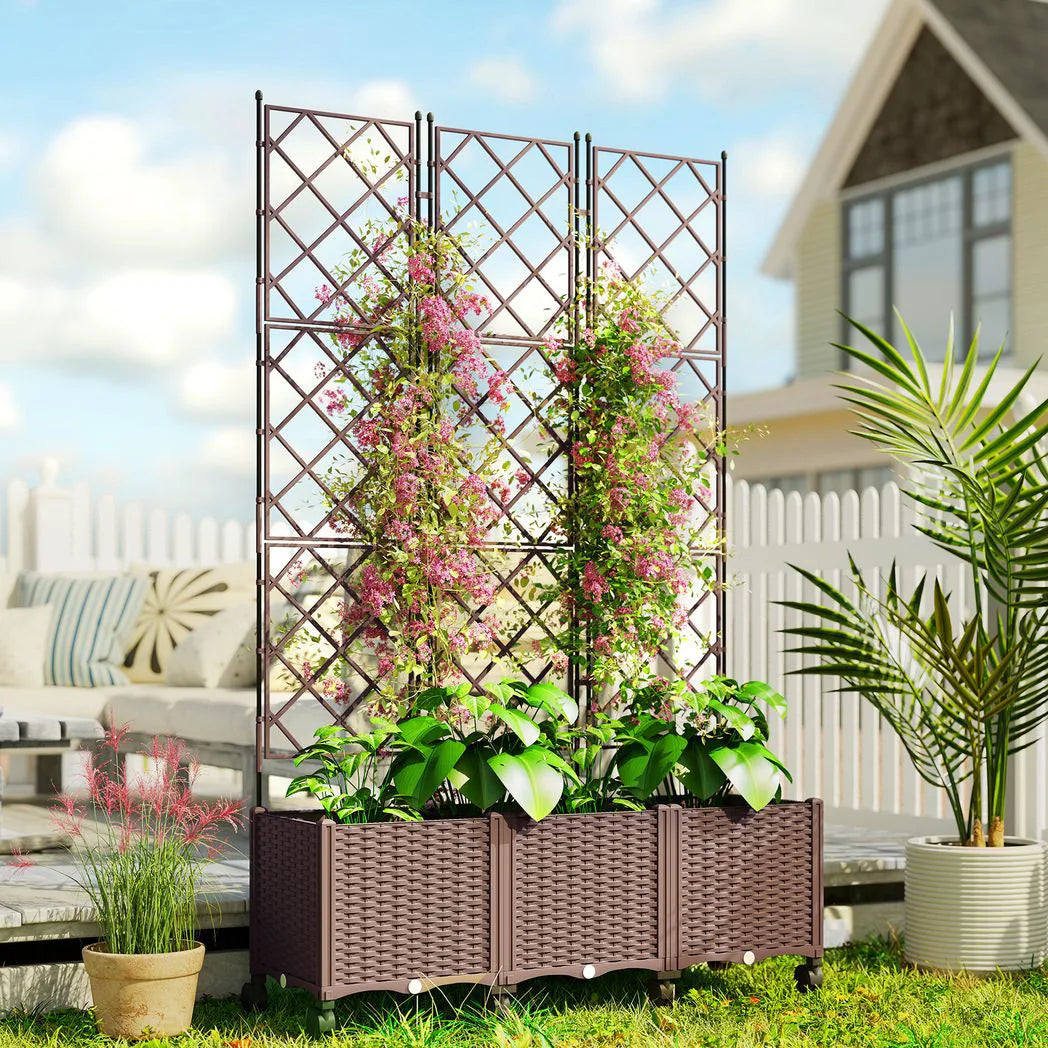 Outsunny Self-Watering Raised Planter with Trellis – Mobile Plastic Garden Bed on Wheels, 130L, 192cm