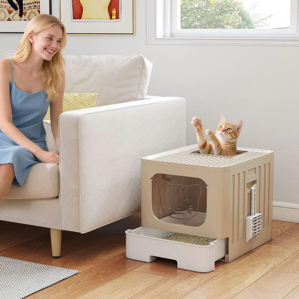 PawHut Cat Litter Box with Lid, Slide-Out Drawer and Scoop – Odour Control, Anti-Splashing, Khaki