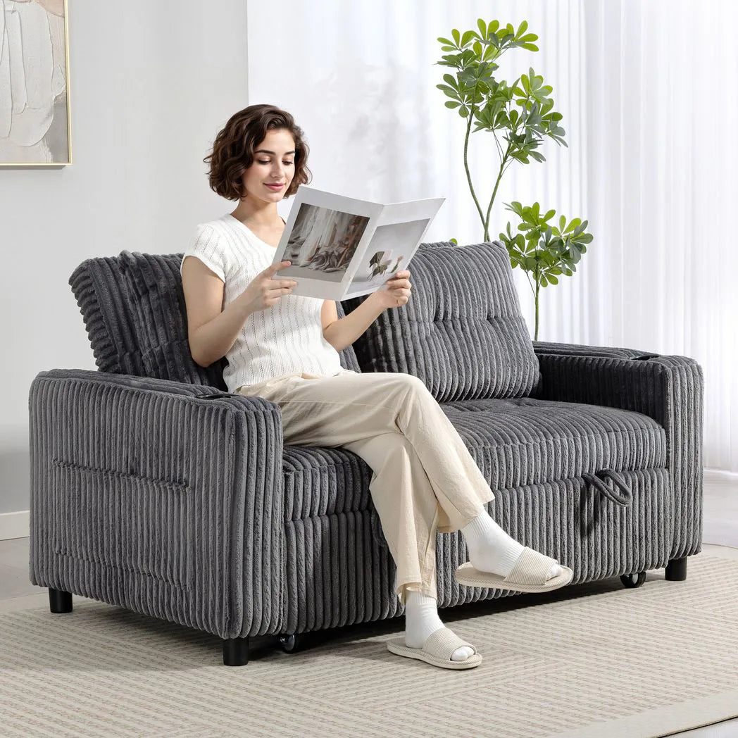 HOMCOM 2 Seater Click Clack Sofa Bed with Pull-Out Design & Cup Holders – Corduroy Upholstery, Charcoal Grey