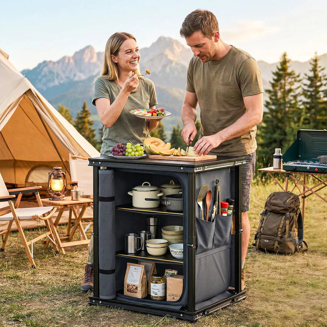 Outsunny Folding Camping Kitchen Cupboard with 3-Tier Storage and Adjustable Feet – Aluminium, Black