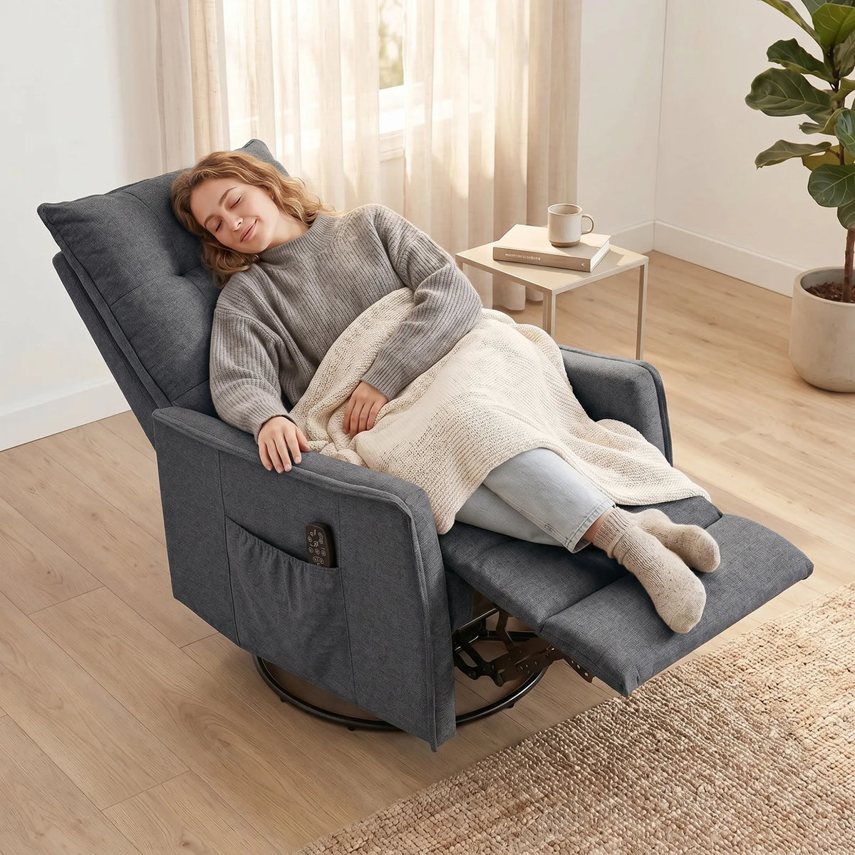 HOMCOM Chenille Recliner Armchair with Massage and Heat, 360° Swivel and Rocking – Manual Recliner, Dark Grey