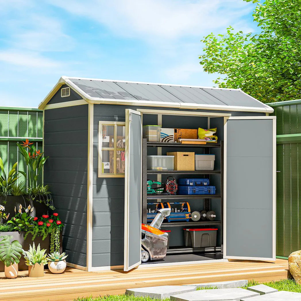 Outsunny 8 x 4 ft Plastic Garden Shed with Floor, Windows, Vents and Lockable Doors – Outdoor Storage, Light Grey