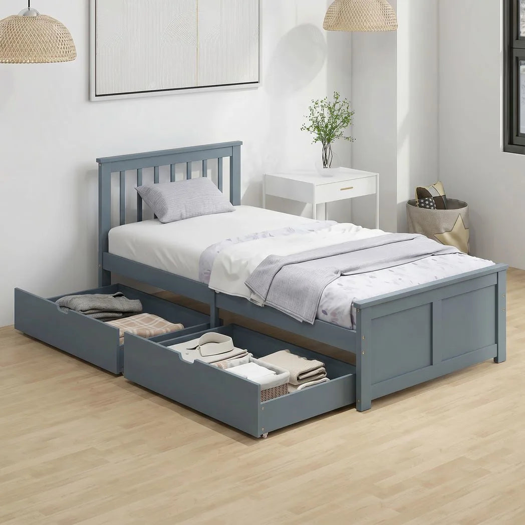 HOMCOM 3ft Single Pine Storage Bed Frame with 2 Wheeled Drawers, Headboard & Slats – Solid Wood, Grey