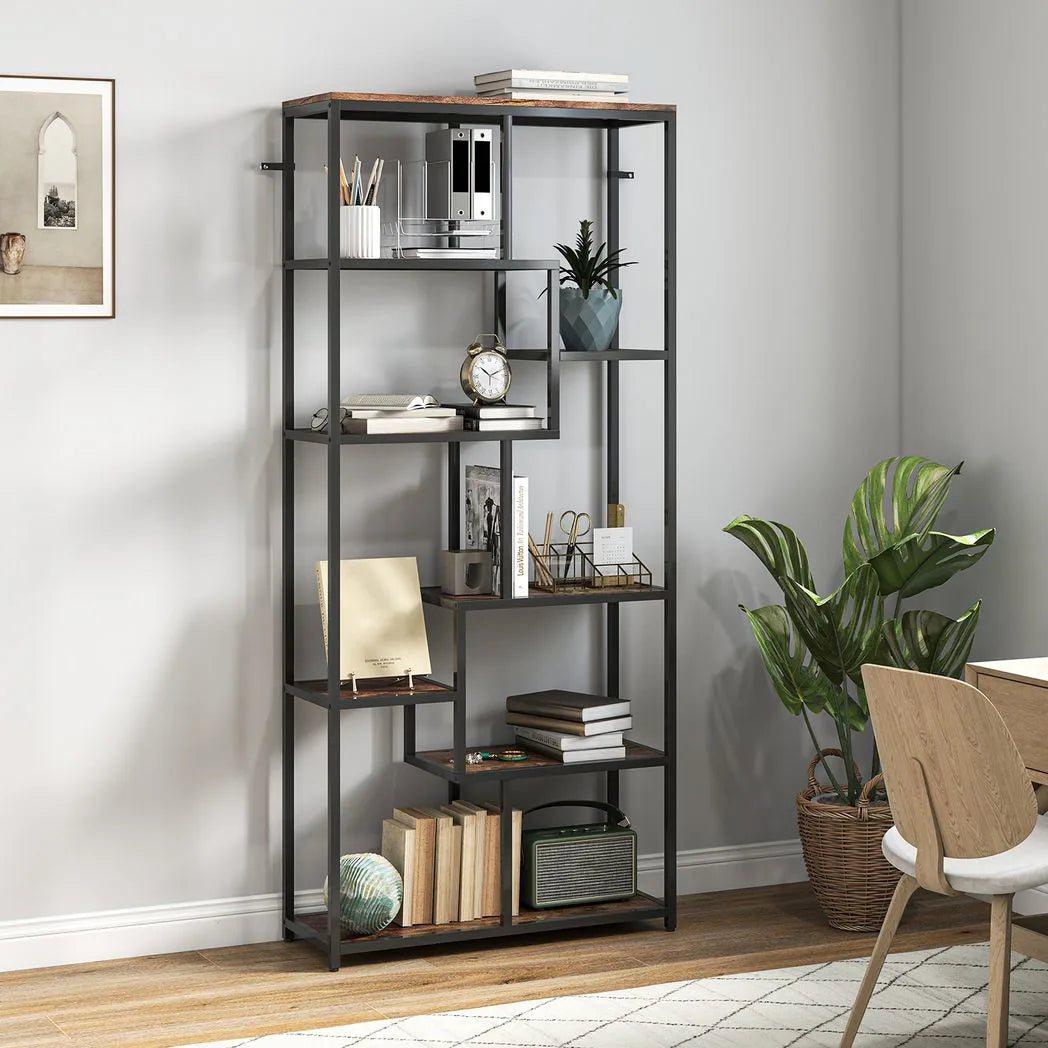 HOMCOM Seven-Tier Geometric Bookcase with Metal Frame & Anti-Tipping Straps – Asymmetrical Storage, Brown
