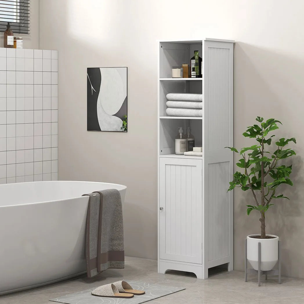 HOMCOM Slim Tall Bathroom Storage Cabinet with 3 Open Shelves and Adjustable Shelf – Space-Saving, White
