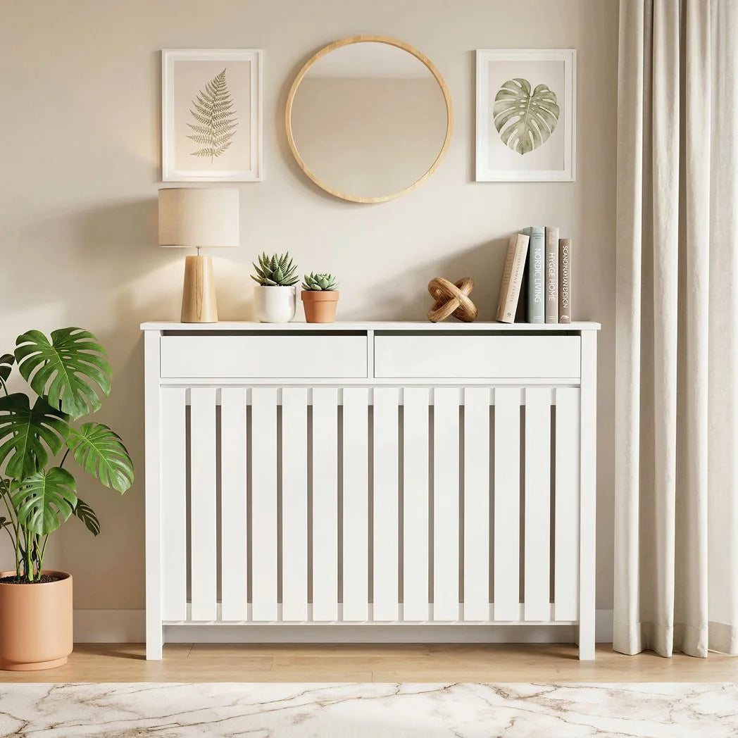HOMCOM Rustic-Look Radiator Cover with Top Drawers and Slats, 93 x 119cm – Slimline Heater Cabinet, White