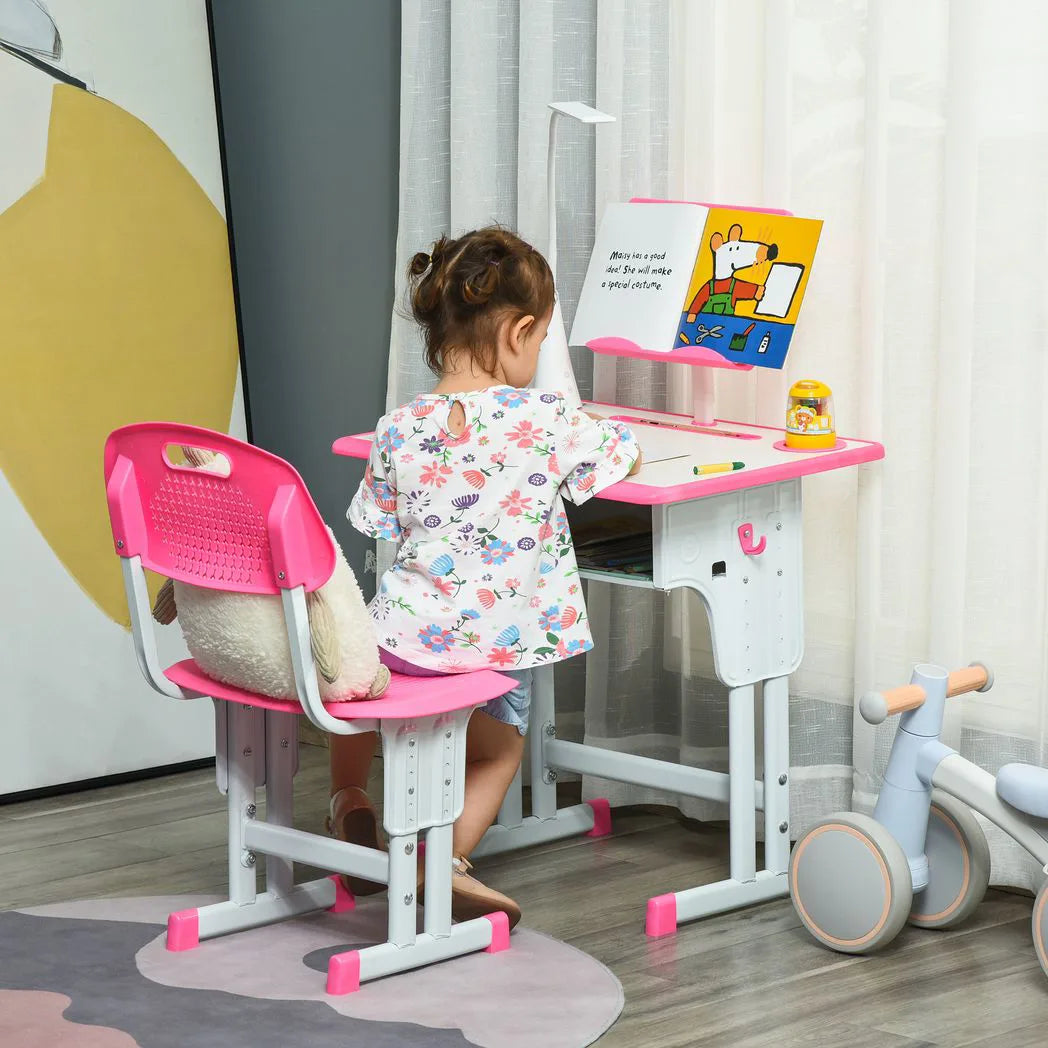 HOMCOM Kids Desk and Chair Set with Adjustable Height, Drawer & Book Stand – Study Table, Ages 6-12, Pink