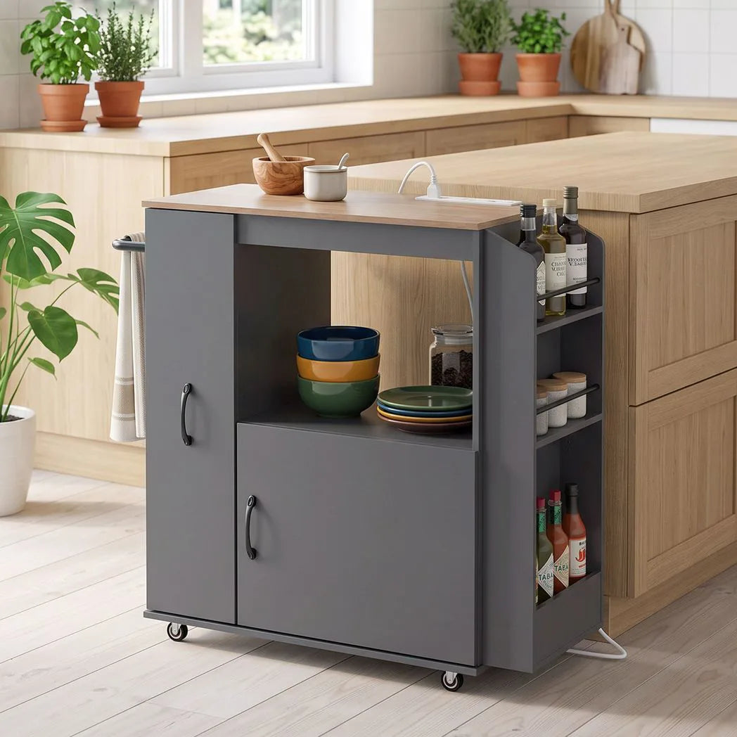 HOMCOM Kitchen Trolley with Power Outlets, Pull-Out Drawer and Cabinet – Rolling Island Cart on Wheels, Grey