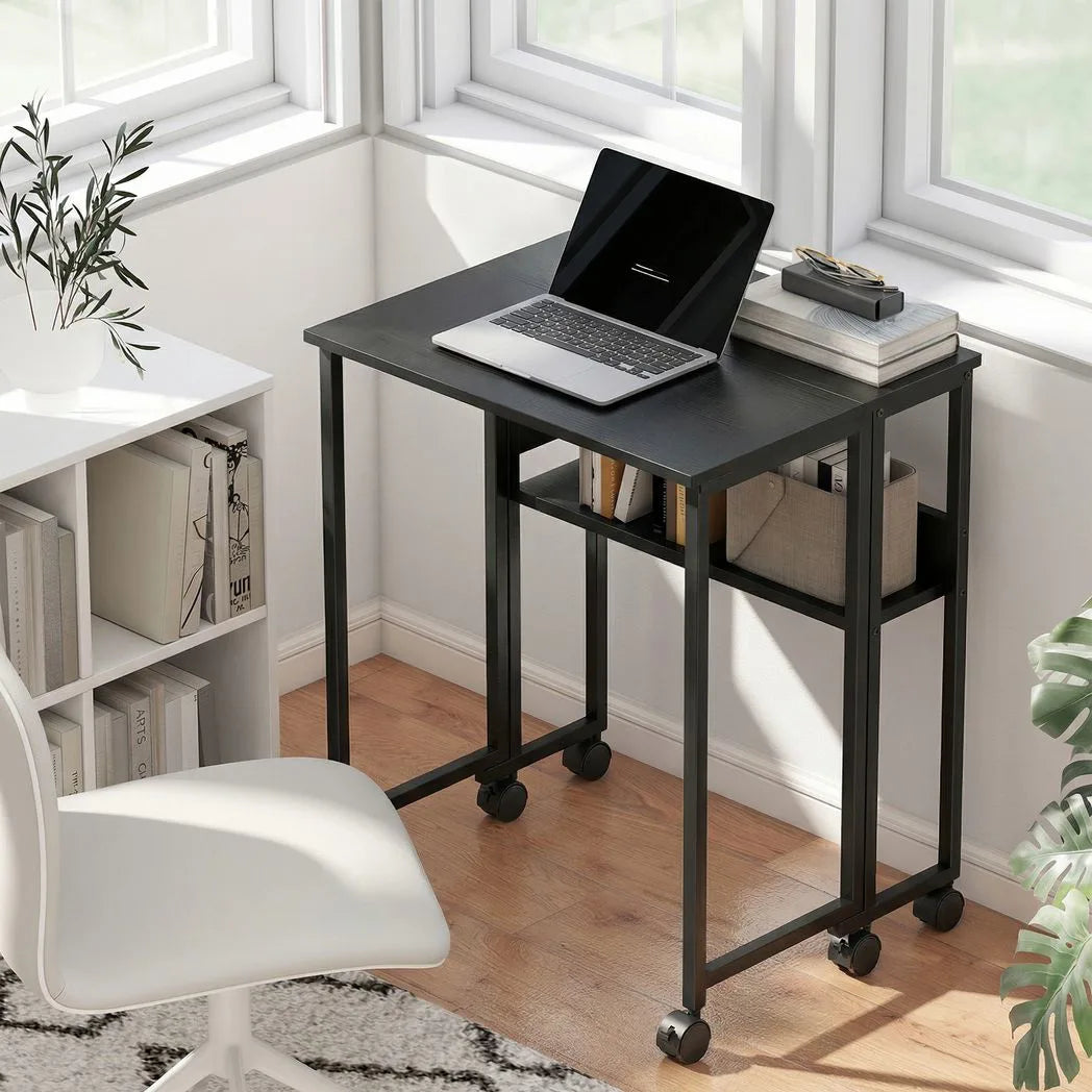 HOMCOM Drop Leaf Writing Desk with Lower Shelf and Wheels – Compact Folding Home Office Table, Black