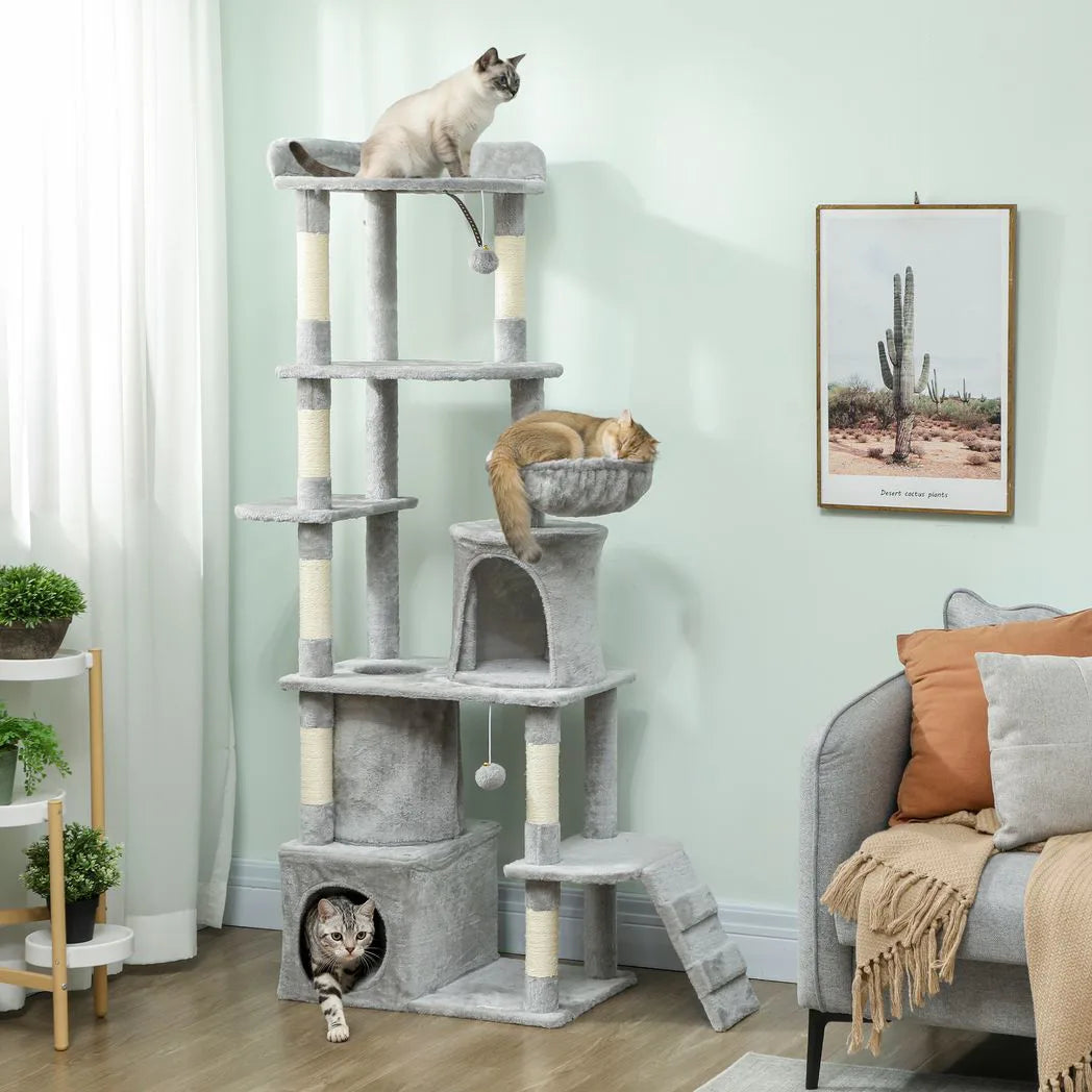 PawHut 170cm Large Cat Tree with 7 Scratching Posts, 2 Condos & Hammock – Multi-Level Cat Tower, Light Grey