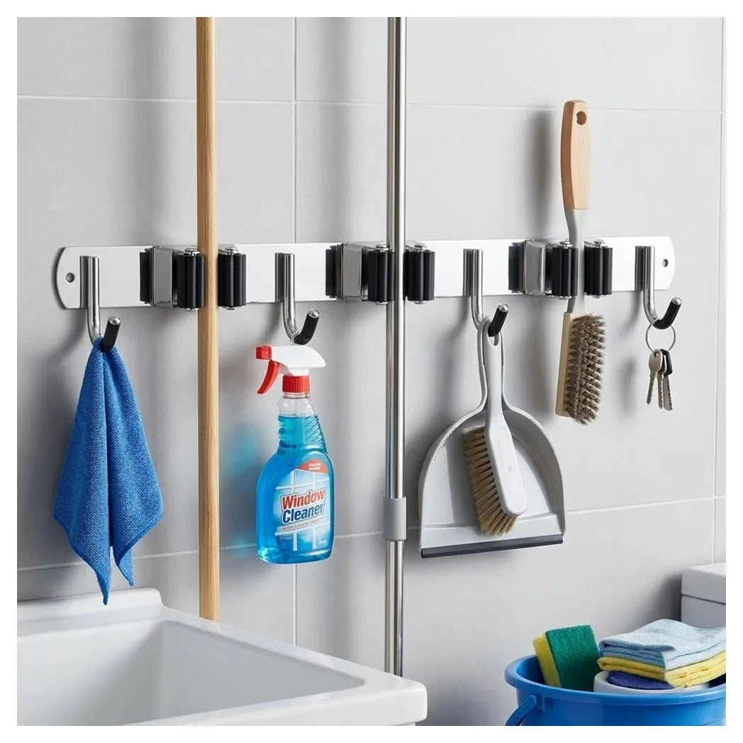 Wall-Mounted Broom & Mop Holder with 3 Slots and 4 Hooks – Stainless Steel Garage Tool Organiser, Silver