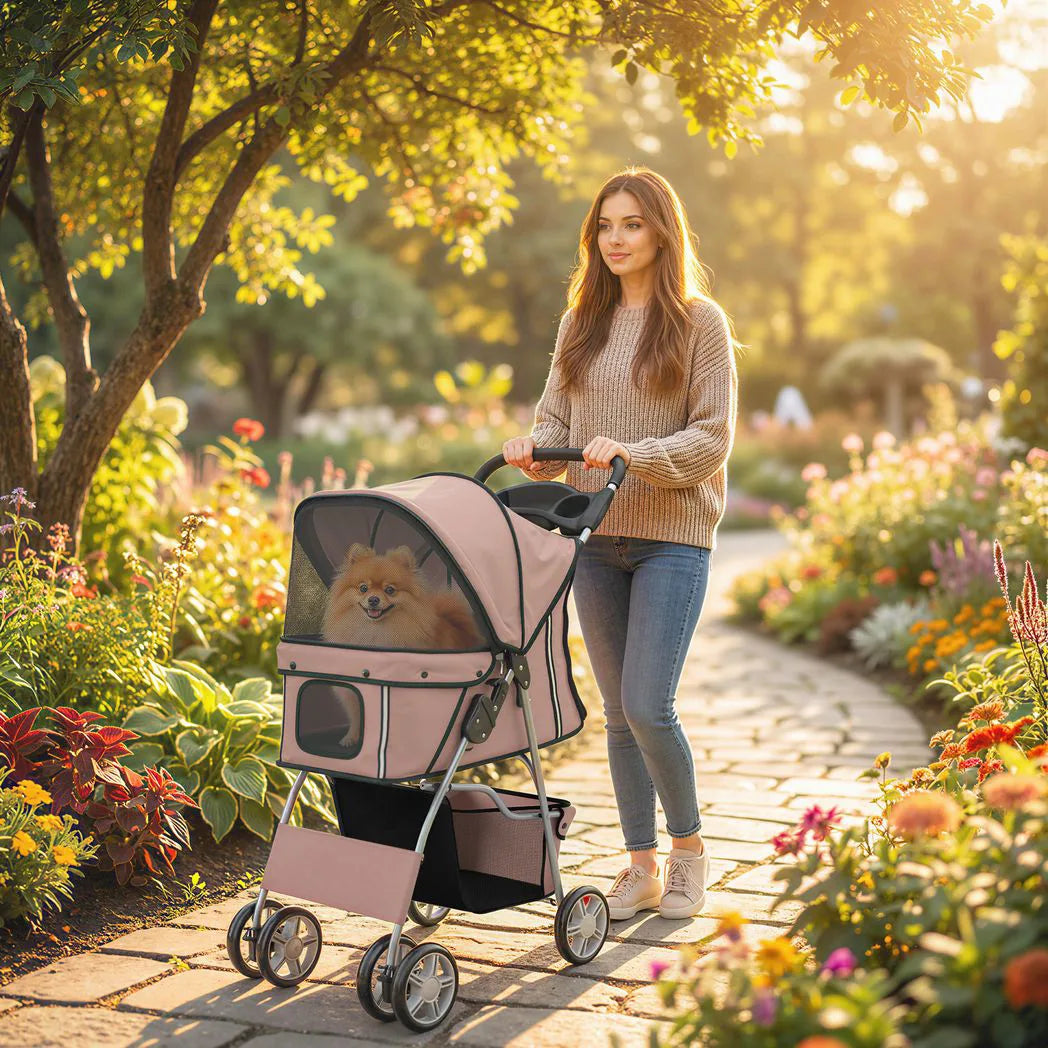 PawHut Foldable Dog Pram with Reflective Strips, 360° Swivel Wheels and Dual Brakes – Pet Stroller, Brown