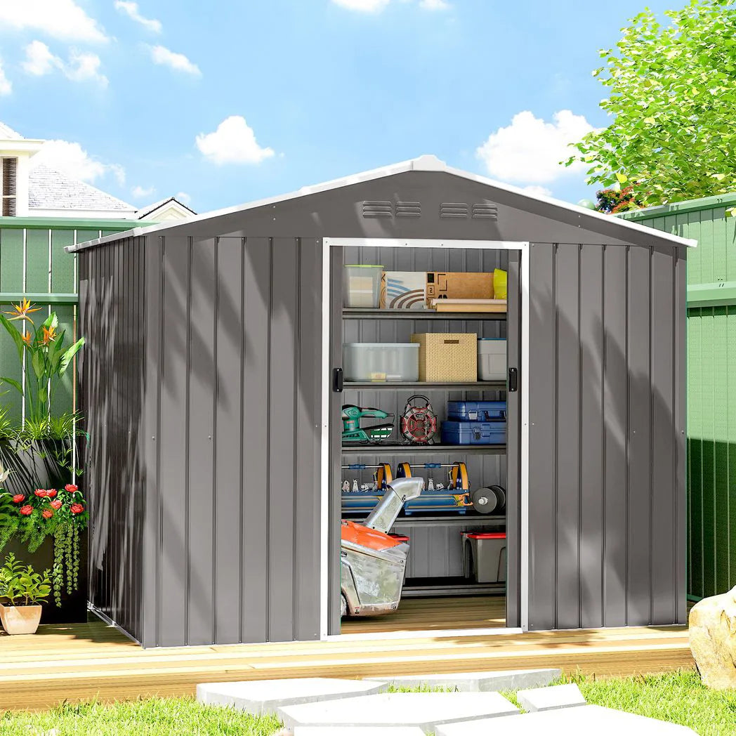 Outsunny 8 x 6ft Galvanised Steel Garden Shed with Sliding Double Doors, Light Grey