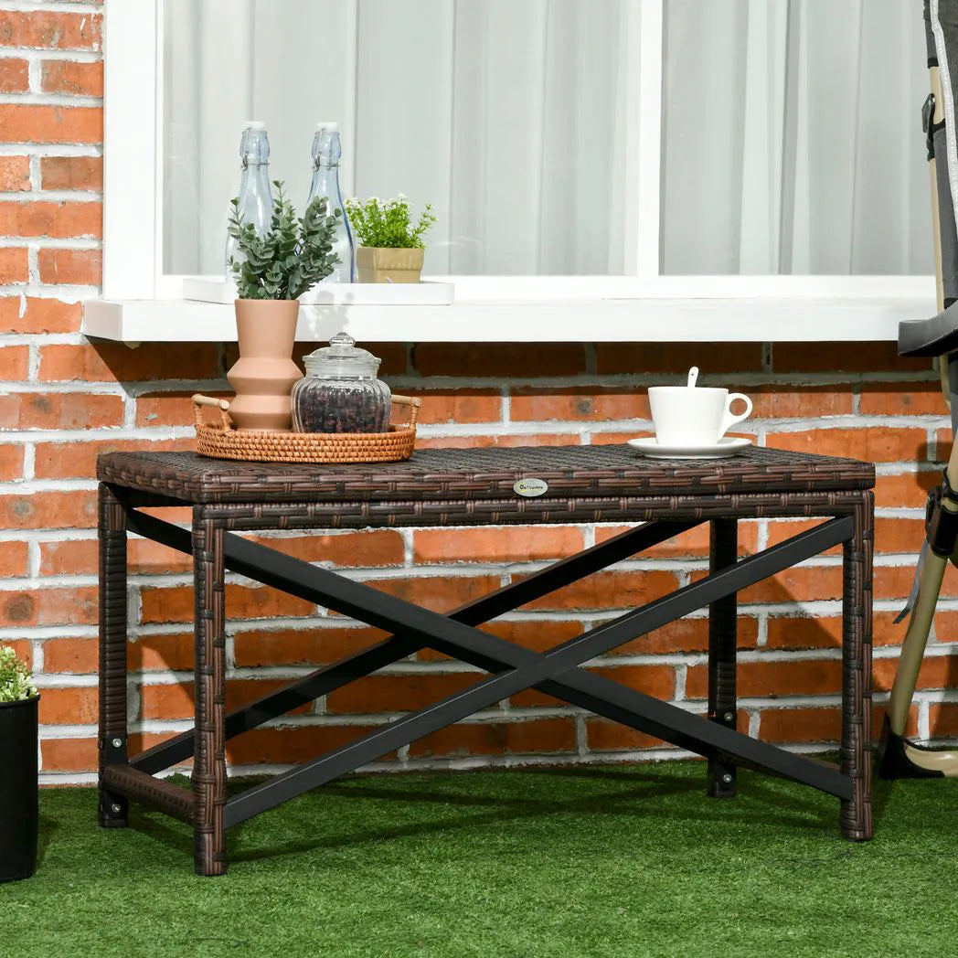 Outsunny Outdoor Rattan Coffee Side Table with X-Shape Steel Frame – Patio and Balcony Table, Mixed Brown